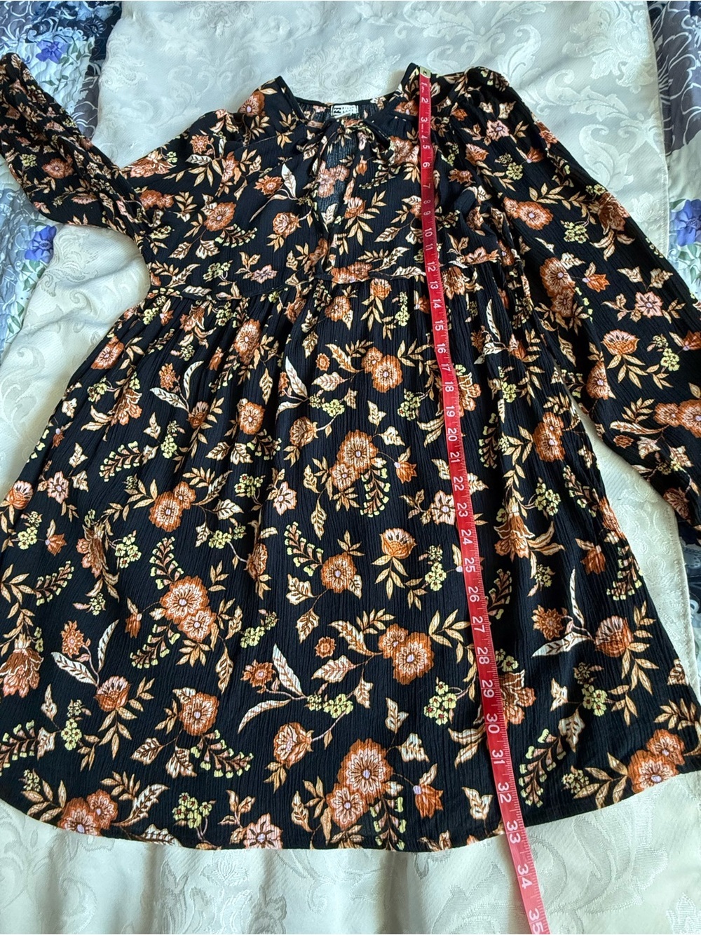 Billabong Floral Boho Mini Dress L Long Sleeve Tie Neck w/ keyhole Empire Waist - Picture 9 of 13